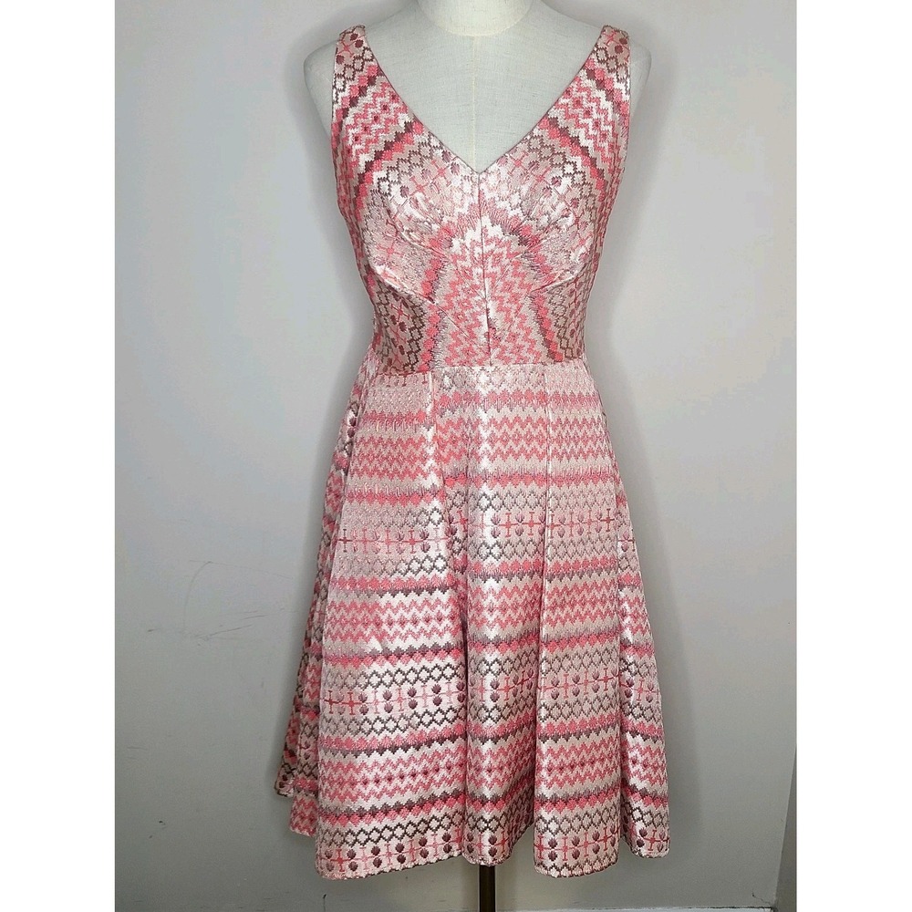 Eva Franco Fit & Flare Asymmetrical Cocktail Dress Pink Geometric Jaquard 6